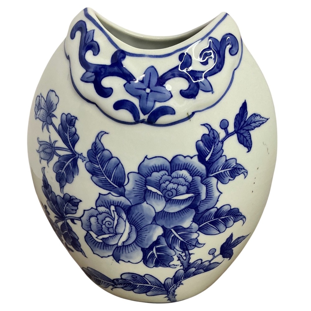Vintage Blue and White Porcelain Floral Rose Vase Chinoiserie Flat Oval Vessel